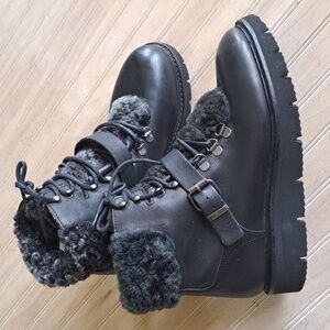 H by Hudson Adda Black Leather Shearling Lined Lace-Up Ankle Boots Trim Cozy